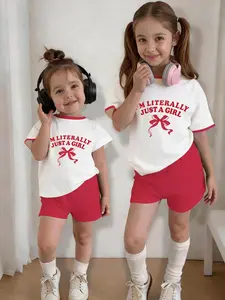 Girls' Sweet Style Two-Piece Set, Short Sleeve T-Shirt with Bow Pattern, Shorts, Casual Fitted for All Seasons