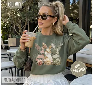 Camo Bunnies Sweatshirt, Trendy Women's Crewneck