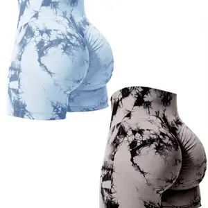2PCS Tie Dye Lifting Gym Shorts Woman Skinny Stretch High Waist Sport Shorts Casual Seamless