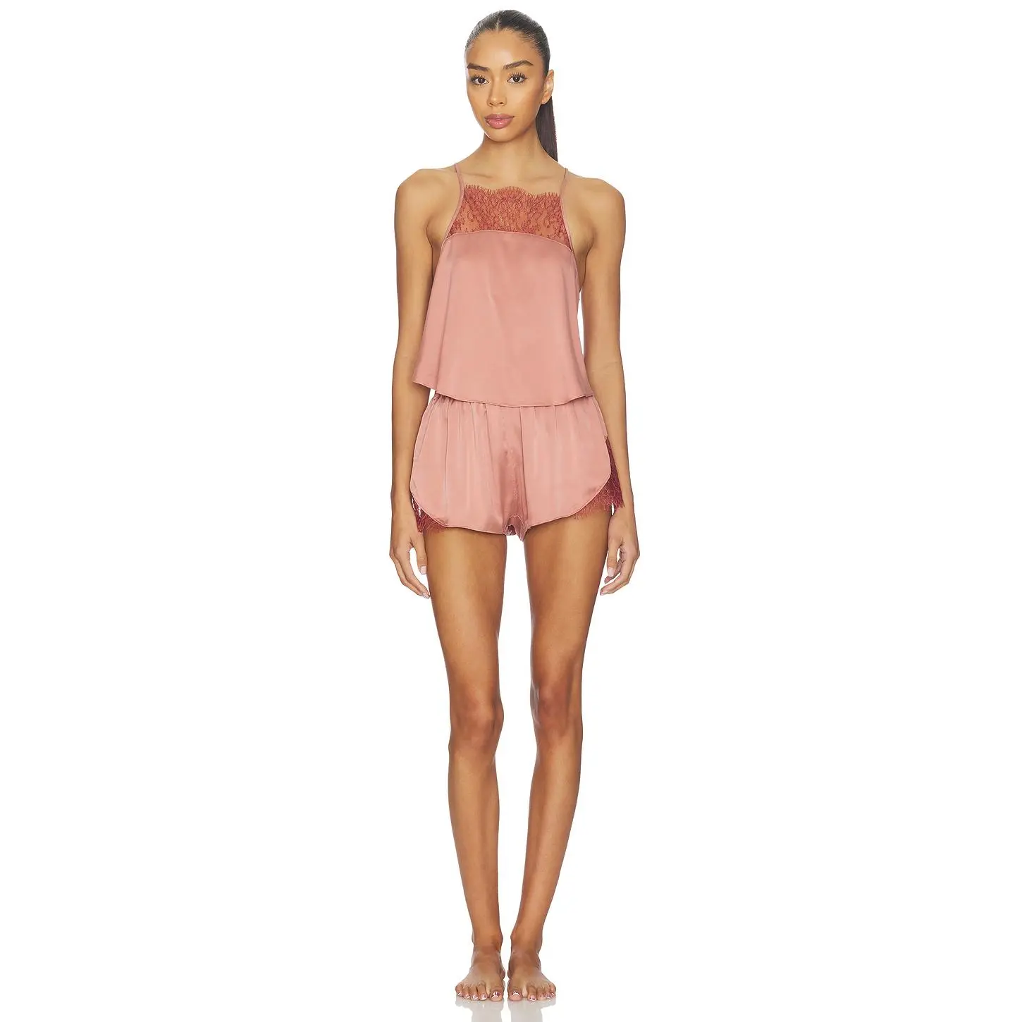 LUNYA Washable Silk Lace Cami Short Set in Brambled Blush & Mulled Maple