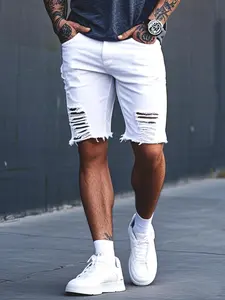 Men's Solid Color Ripped Denim Casual Street Shorts, Casual Comfy Minimalist Loose Fit Jeans for Daily Wear, Fashion Men's Bottoms for All Seasons, Cotton
