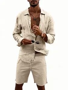 Men's Summer Linen Matching Shirt Set, Breathable Loose-Fit Long Sleeve Top & Beach Shorts, Casual Tropical Hawaiian Style for 2026