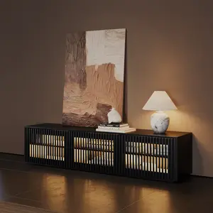 71" Mid-Century Modern Wood Slatted TV Stand with LED lights, LED TV Stand, Black TV Console, Minimalist Entertainment Center, Perfect for 65-inch TVs