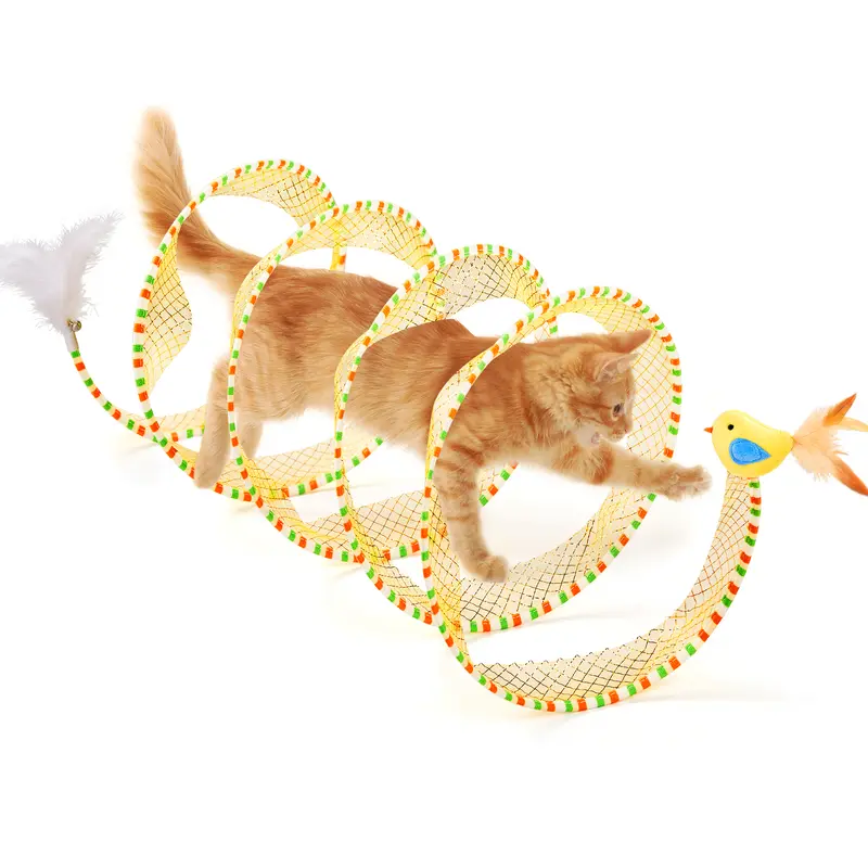 Potaroma Spiral Interactive Bell Cat Tunnel Toy - 20" Spiral Chase, 20in Unfolded, 9.8" Roomy Run, Collapsible Spring Coil, Feathers, Mesh Fabric, Easy Fold & Portability, Super Attractive Hunting Stimulation, Exercise Aid for Indoor Cats & Kittens