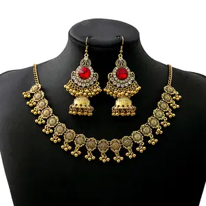 Exaggerated Diamonds Ladies polki Jewelry Set Retro Boho Round Earrings Beads Pendant Necklace