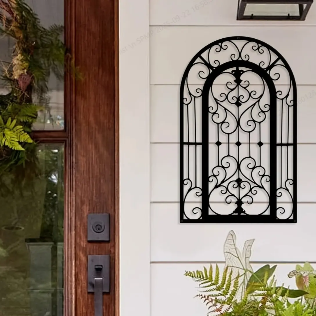 Vintage Arched Iris Metal Wall Sculpture, Indoor Outdoor Solid Metal Decor for Front Door Window Sill Balcony Fence, Durable Scroll Design, Door Decorations, Metal Wall Art, Home Wall Decoration, Aesthetic Wall Decor