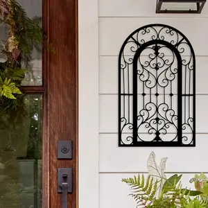 Vintage Arched Iris Metal Wall Sculpture, Indoor Outdoor Solid Metal Decor for Front Door Window Sill Balcony Fence, Durable Scroll Design, Door Decorations