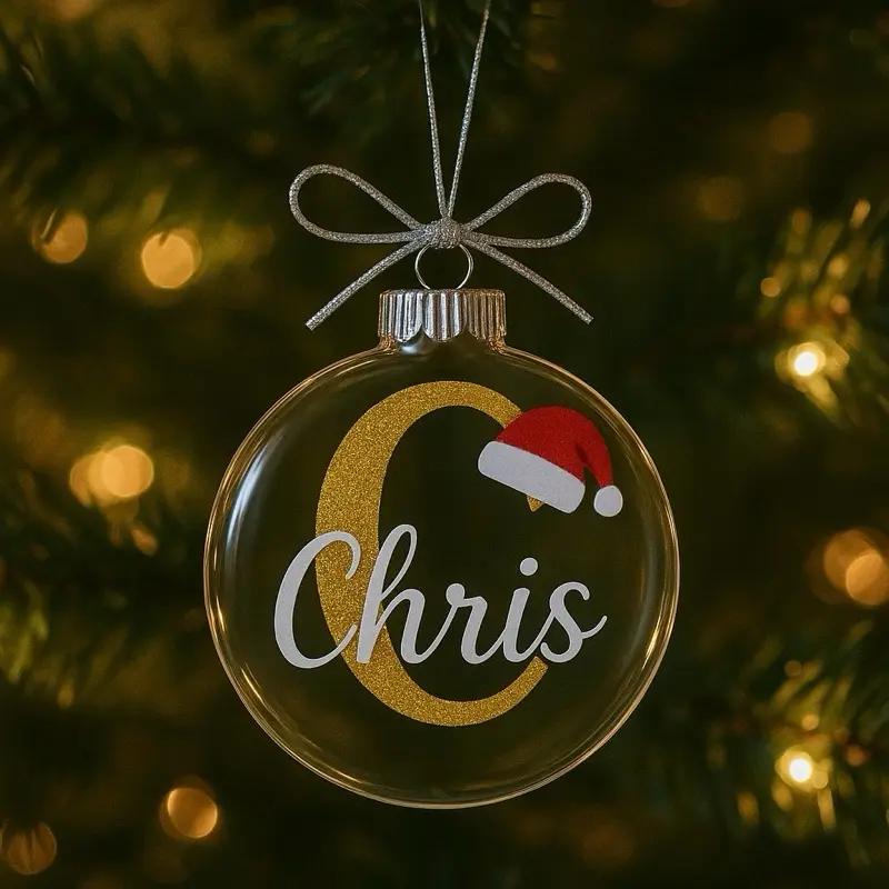 Custom Name Christmas Ornament with Gold Letter C and Santa Hat Design for Festive Tree Decor