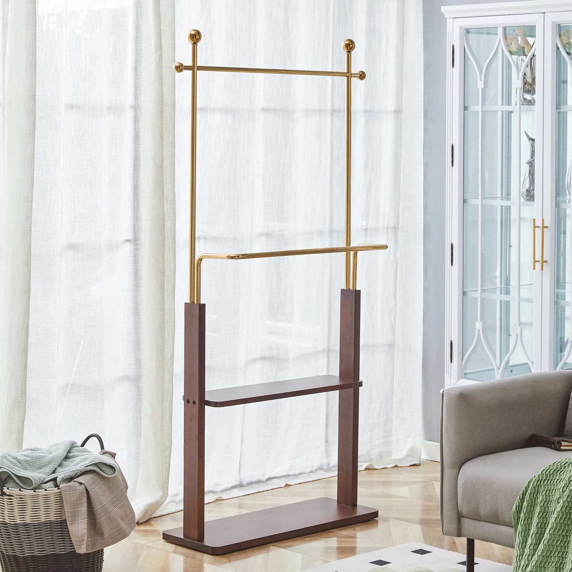 Golden Stainless Steel Hanger, Walnut Colored Solid Wood Double-Layer Coat Rack, 68.9 Inches High Design With Solid Wood Partition