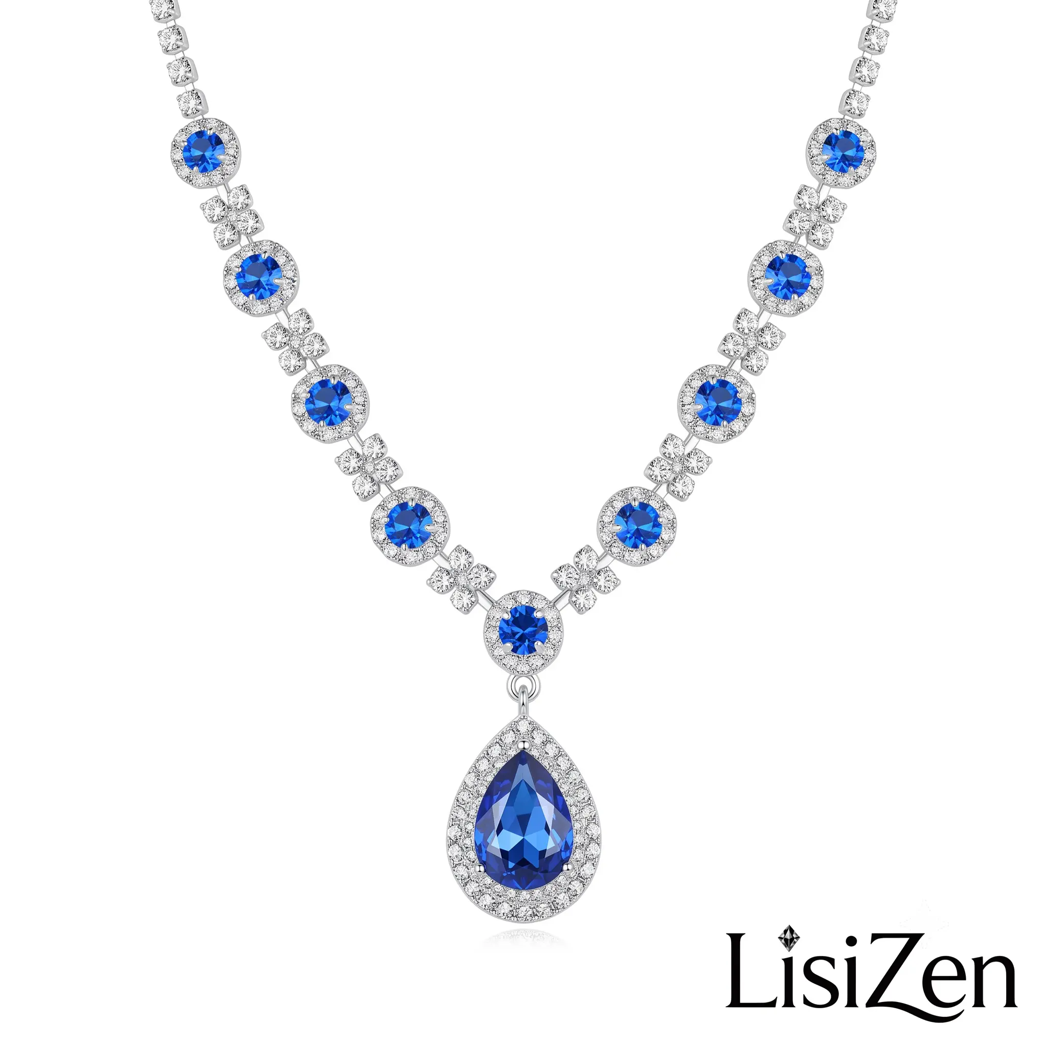 LisiZen Gold Plated Royal Blue Cubic Zirconia Teardrop Pendant Necklace, Geometric Waterdrop Crystal Jewelry for Women DZXL4515