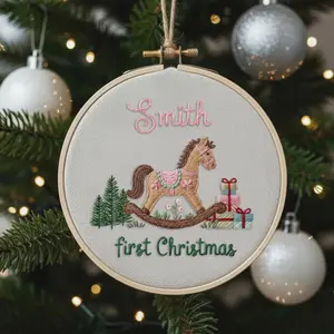 Baby's First Christmas Ornament, Embroidered New Baby Gift Custom, Rocking Horse Handmade Christmas Decor, Hand Embroidered Ornaments Q4N