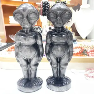 silver sheen obsidian alien  carving  high quality strong flash alien —ET