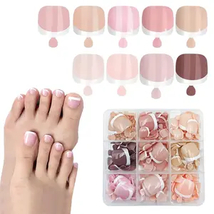 216Pcs Mix Color French Tip Press on Toenails, Short Square Glossy Acrylic Fake Toe Nails, Summer Reusable Glue on Toenails Kit for Women Girls