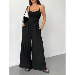 Women's Solid Wide Leg Jumpsuit, Casual Comfy Backless Cami Jumpsuit for Daily Wear, Ladies Clothes for All Seasons