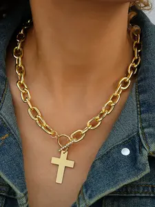 Hip Hop Thick Chain Cross Necklace, Luxury Ot Clasp Collarbone Chain, Geometric Design, Casual Style, All Seasons