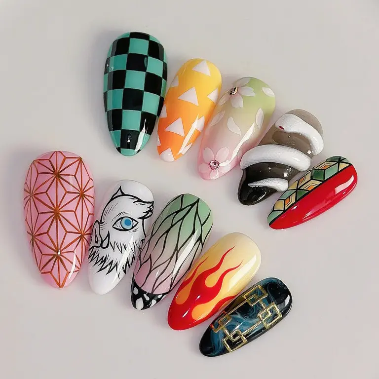 Demon Slayer Inspired Press-On Nails | Anime Inspired Press-On Nails | Nezuko Nails | Tanjuro Nails | Anime Nails Art, Cosplay Nails Set