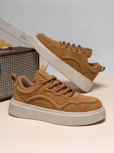 Men's Khaki Platform Casual Sneakers with Checkered Embossing, Non-slip Wear-resistant Sole for Daily Commute and Street Style