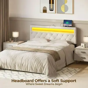 Upholstered Headboard, Padded Polyester Design with 60000 DIY LED Colors and USB Type Interface