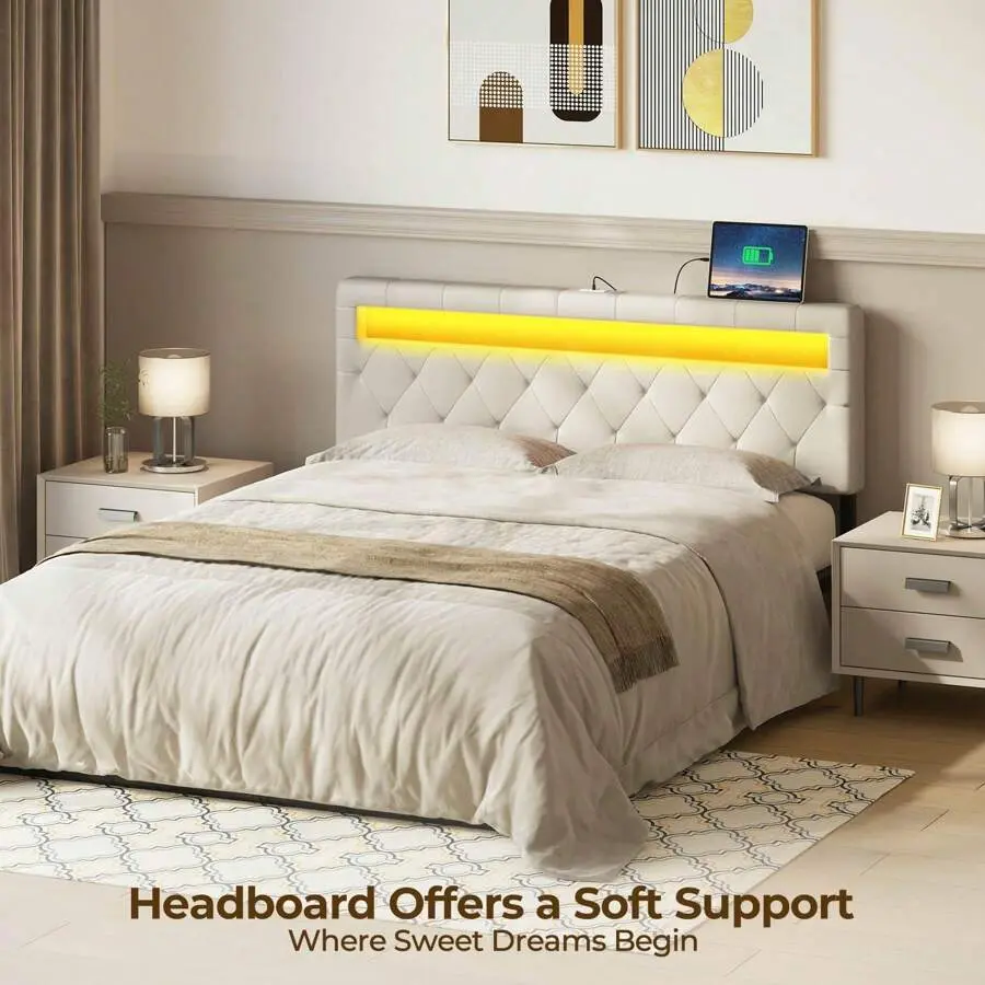 Classic Padded Fabric Upholstered Headboard - Built-in LED Lighting with 60000 DIY Colors, USB Port Interface, Assembly Required, Built-In Led Lighting Headboards