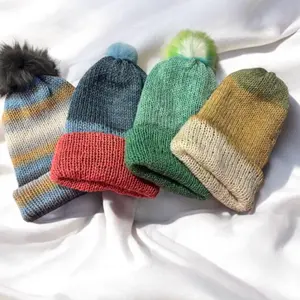 Hand-Knitted Double Thick Chunky Beanies in Orange, Yellow, and Gray with Pom Pom Removable Detail - 100% Soft Acrylic Yarn, Winter Hat