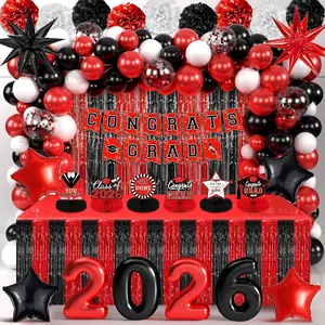 TREWAVE 2026 Graduation Red and Black Party Decorations - 104 Pcs Class of 2026 Graduation Decorations Include Foil Fringe Curtains and Tinsel Table Skirts