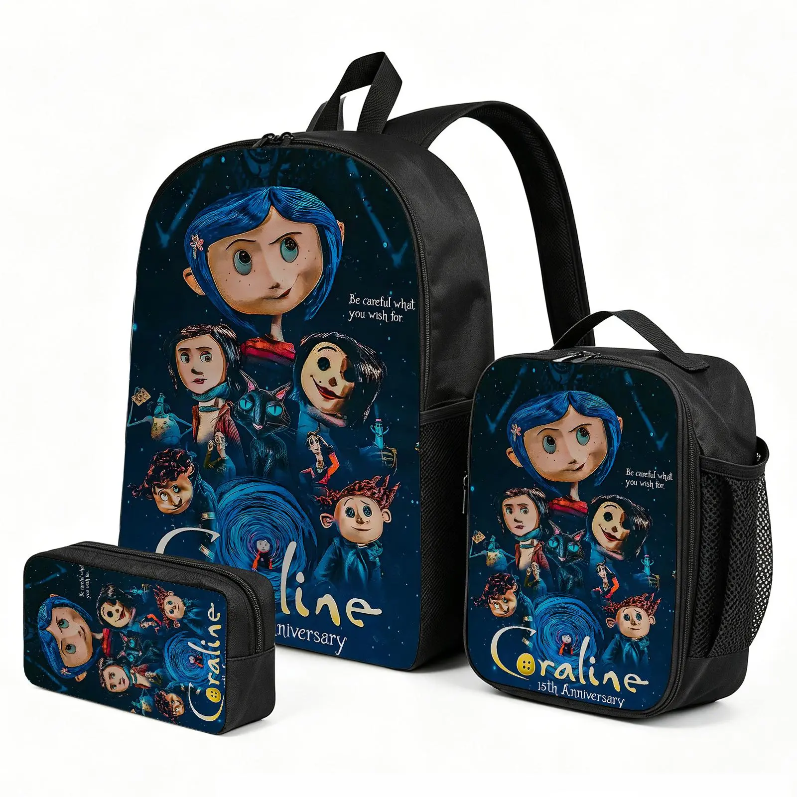 Coraline Backpack with Lunch Box & Pencil Case | School Bag Set | 3-Piece Back to School Supplies for Boys and Kids