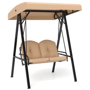 COSTWAY - 2-Person Outdoor Porch Swing with A-Shaped Metal Stand and Adjustable Canopy-Beige