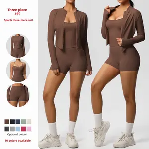 New solid color brushed fabric breathable strap yoga outfit set, three-piece running and fitness sportswear for women