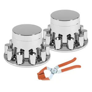 Rear 2 Chrome Flat Top Axle Wheel Cover Combo Kit ABS Plastic Removable Wheel Hub Caps with 33mm Thread-On Cylinder Lug Nut Covers for Semi Trucks