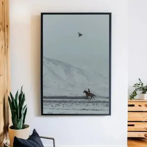 [NO FRAME] Cowboy on Horse and B2 Spirit Flying Satin Poster- America Western Mountain Unframed Wall art
