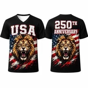 USA 250th Anniversary Patriotic V-Neck Sports Shirt for Men Women, Lion American Flag Graphic Short Sleeve Athletic Tee