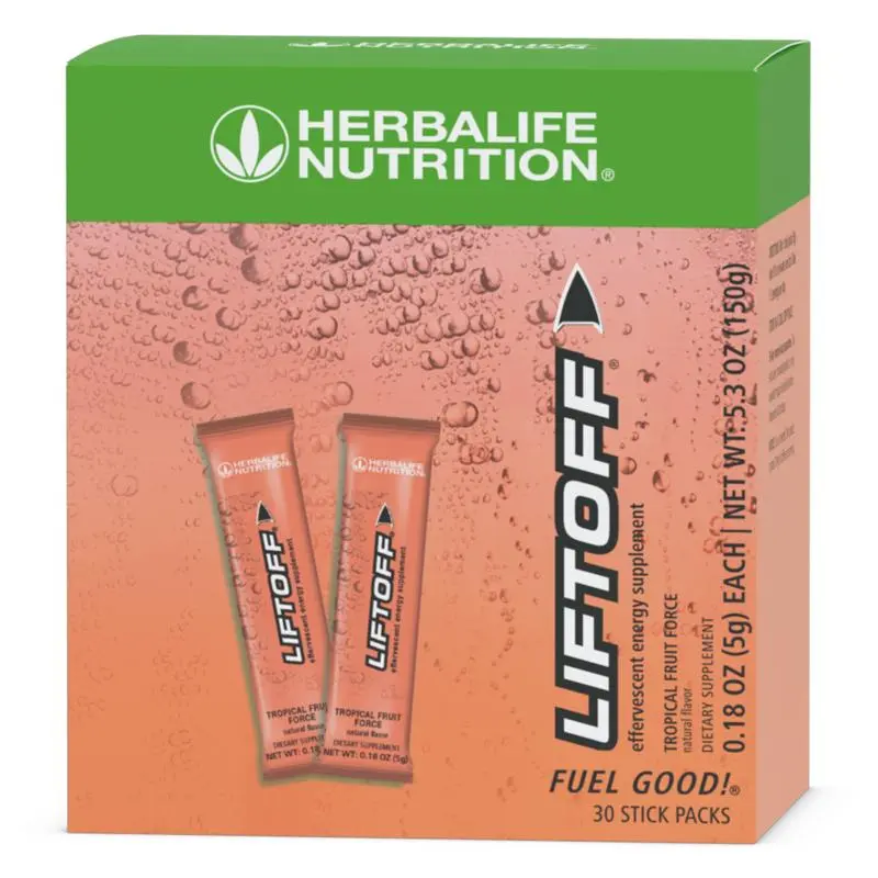 Herbalife Nutrition Liftoff Tropical Fruit Force 30 Stick Packs Vitamin Enriched Energy Drink Mix with Caffeine & B Complex Vitamins for Alertness