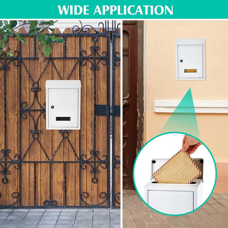 Weatherproof Mail Boxes with Key Lock,  Locking Wall Mount Metal Mailbox with Slot for Outside, Large Capacity for Mail, Packages, Donations, Voting 11.8" H x 8.3" L x 2.8" W, White