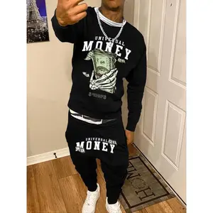 Men’s casual printed sports set, made from polyester elastic knit fabric, loose round neck, slightly stretchy, suitable for autumn and winter