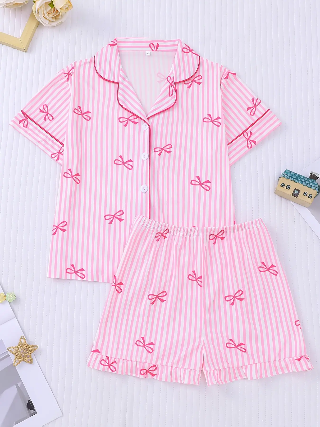 Summer Sleepwear Pajama Set, Lounge Pajama Style, Butterfly Knot Print, Casual Short Sleeve Top & Elastic Shorts, Sweet & Cute Home, 2-Piece Set, Pjs