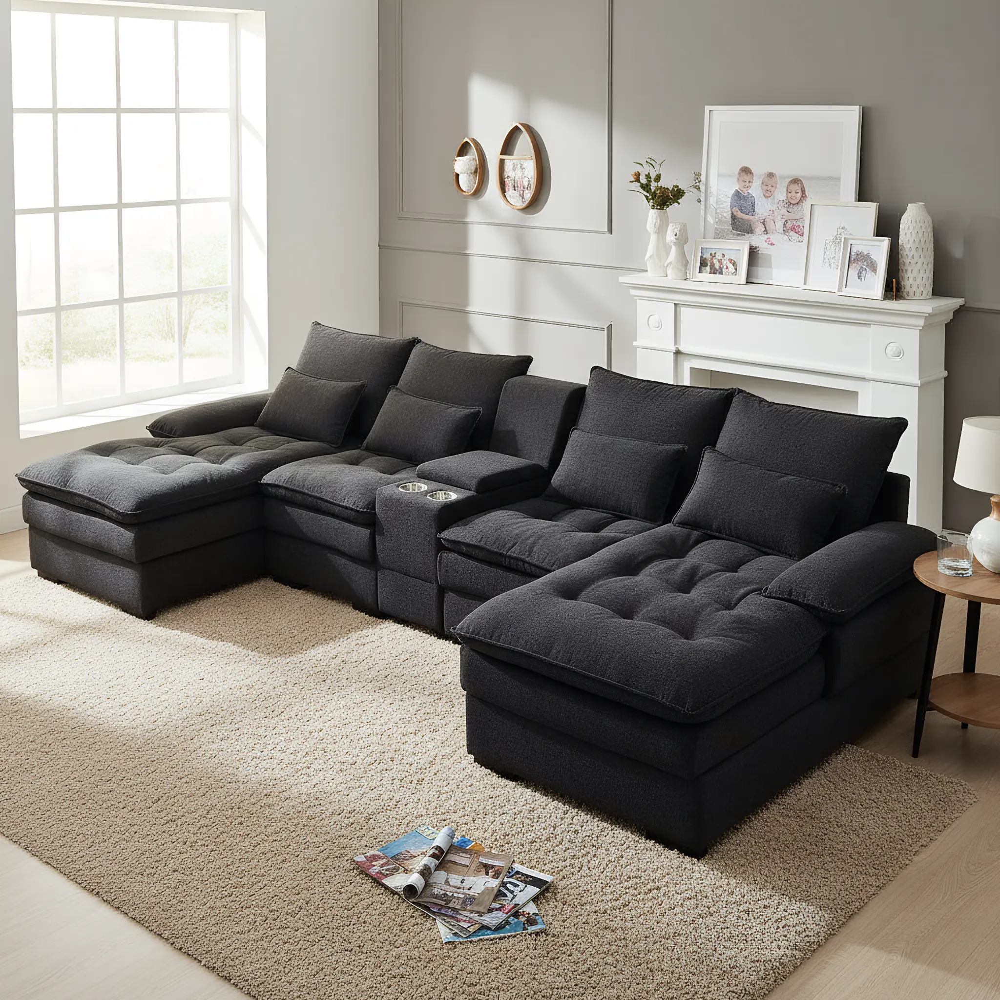 Eyisean U-Shaped Modular Sectional Sofa - 130-Inch Fluffy 6-Seater Family Sofa with 18" Back, Storage Console, Cup Holders, USB Ports, Doll-Cotton Filling, Linen Fabric, Chaise, 8 Pillows, Plastic Accents for Living Room, Living Room Decor