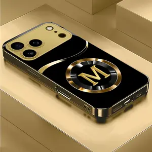 A glass phone case with luxury gold letter M design, Suitable for iPhone 11, 12, 13, 14, 15, 16, 17 PIUS, Pro, and Promax