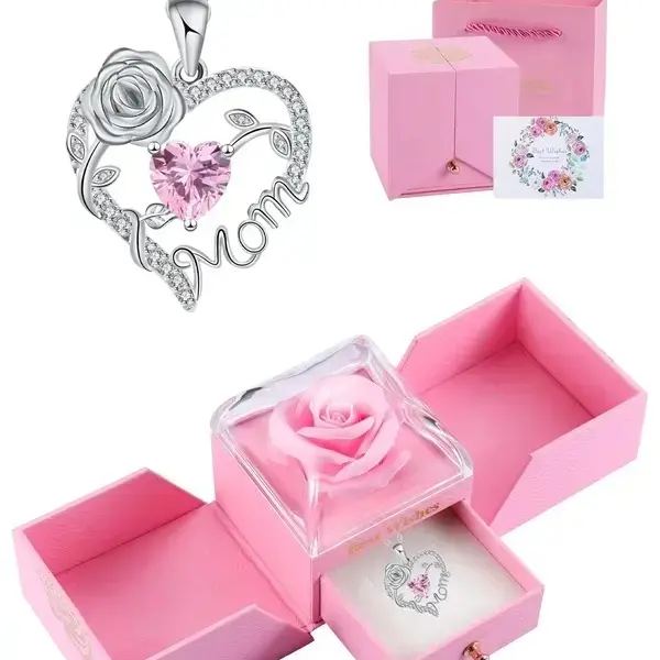 Women's Heart Rose Pendant Necklace - Exquisite Jewelry Gift Box Set, Mom Birthday Gifts, Ideal for Mother's Day, Christmas