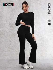 Women's 2-Piece Yoga Set, Long Sleeve Crop Top & High Waist Flare Pants, High Stretch Running Fitness Clothes, Comfortable Skin-Friendly Sportswear, Fitness Activewear, Fitness Outfits, Sweatsuit Set