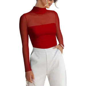OYV Women’s Trendy Sexy Mock Turtle Neck Long Sleeve Sheer Mesh Ruched Going Out Bodysuits Tops