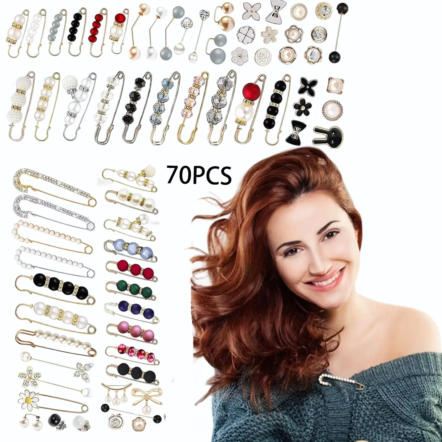 Women's 70-Piece Synthetic Fashion Pearl Brooch Pin Set - Sparkling Rhinestone Crystal Pearl Brooches for Women's Clothes, Sweater, Birthday Gift, Sparkling Brooch