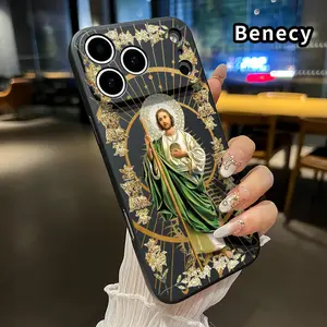 Saintly Radiant Guardian Pattern Straight Edge Phone Case for iPhone 17 15 16 14 Pro Max 13 12 11 XR XS Plus Air E Shockproof Drop Protection Rugged Durable Liquid Silicone Cover Cellphone Protective