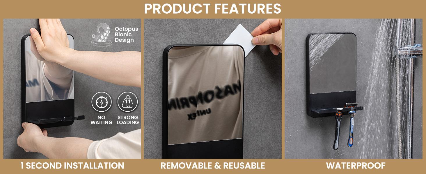 TAILI Fogless Shower Mirror, Anti-Fog with Razor Holder, Suction Shaving Mirror with Storage Tray, Rust-Proof, Shatterproof, Removable for Bathroom, Shower Accessories, Black