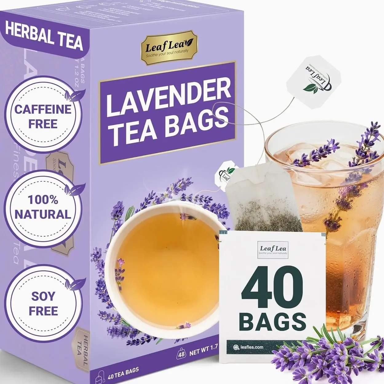LeafLea 40 Premium Lavender Tea Bags, Natural Lavender Flowers, Lavendar Herbal Tea with Delicate Floral Aroma & Smooth Flavor, Relaxing Evening Infusion, No Caffeine, No Sugar, Individually Wrapped