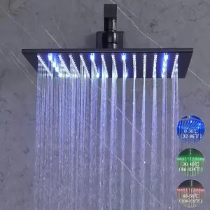 LED Rainfall Shower Head 12/16 Inch High Pressure Rotatable Ball Anti-Leak Easy Install for Water Temp Control Modern Square Matte Black Stainless Steel
