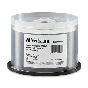 VERBATIM DVD+R 4.7GB 16X DataLifePlus White Inkjet Printable, Hub Printable - 50pk Spindle