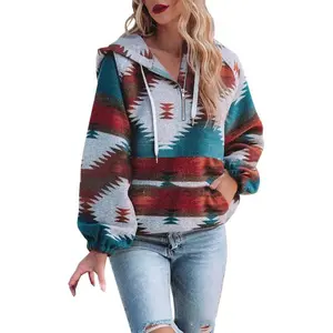Women’s Oversized Aztec Print Zip-Up Long-Sleeve Sweatshirt, Loose Fit Pullover Top