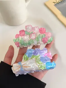 2pcs Women's Tulip Flower Hair Claw Clips, Medium Size Cartoon Design, Daily Use Half-Up Hairstyle Accessories