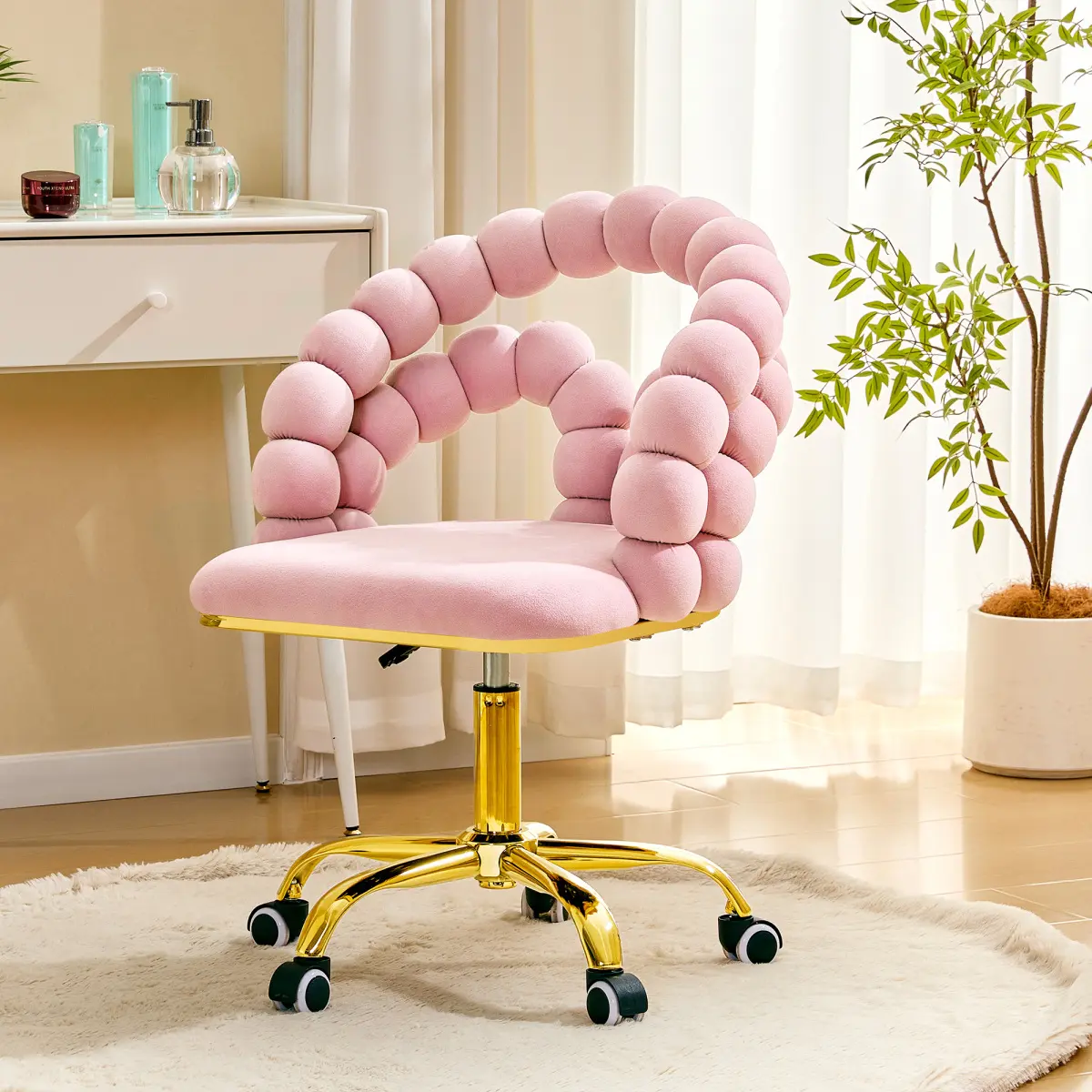 Pink Velvet Bubble Vanity Chair with Gold Base, 360° Swivel Height Adjustable Ergonomic Accent Chair, Cute Rolling Desk Chair for Bedroom, Makeup Vanity, Home Office