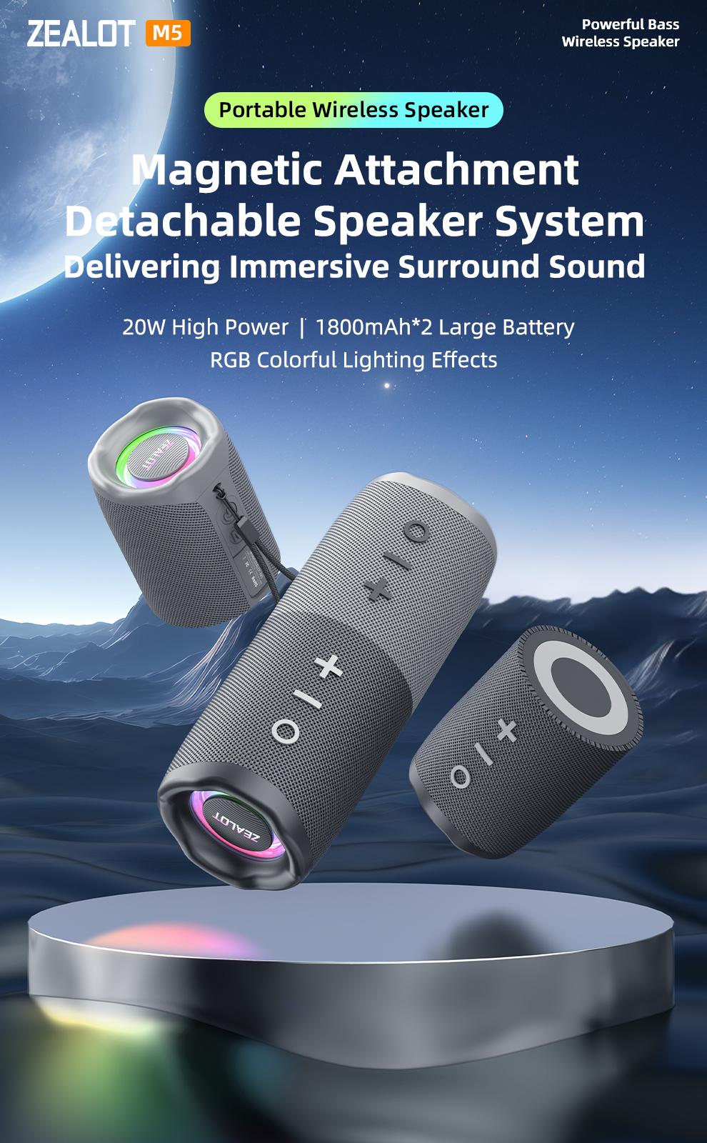 10W*2【ZEALOT】Portable wireless speaker, Magnetic Split speaker, RGB ambient light, outdoor Bluetooth speaker surround sound, TWS pairing,long battery life,supports USB/TF/AUX/BT smartphones. Ideal choice for family/car/party/camping/gift giving